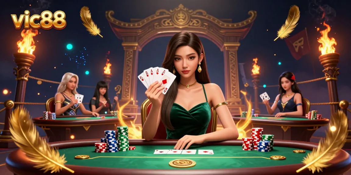 Experience vic88's thrilling casino atmosphere with a strategic player at the poker table.
