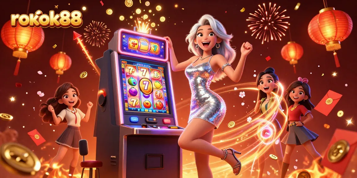 Experience excitement with rokok88's jackpot celebration and vibrant casino elements.