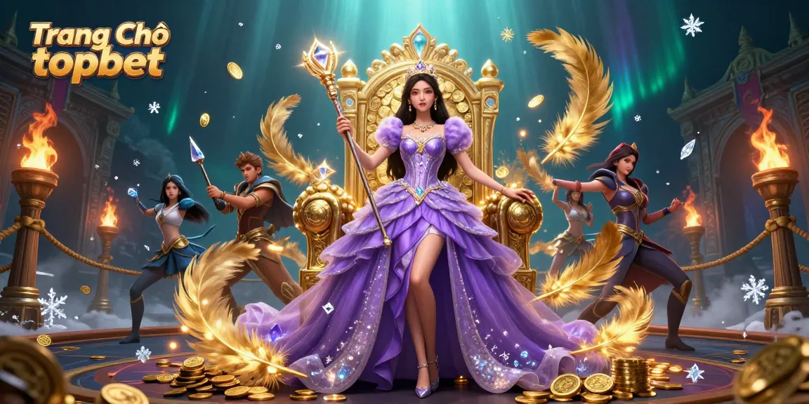 Experience excitement at Trang Chủ topbet with a royal-themed casino illustration featuring games and gold.