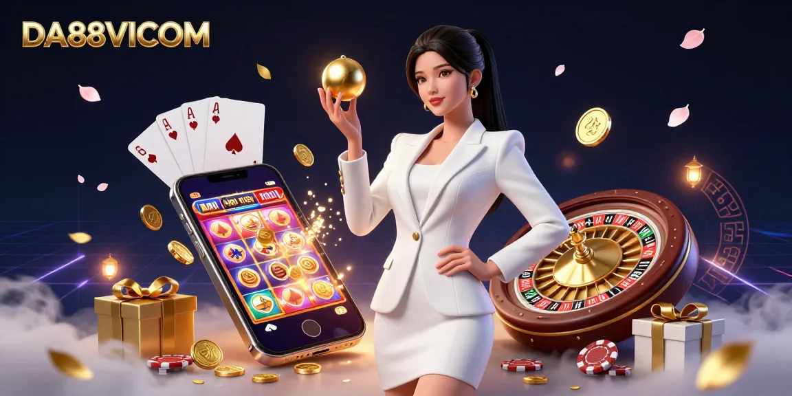 Experience the thrill of DA88VICOM as a confident woman captures a golden roulette ball amid vibrant casino elements.