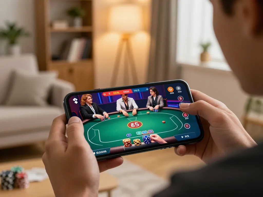 SUNWIN players engaging in online poker using a mobile app in a cozy living room environment
