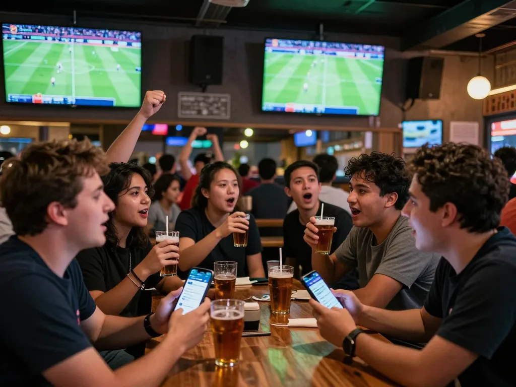 Cakhia tv app facilitating live sports betting excitement amongst avid fans in a lively sports bar setting.