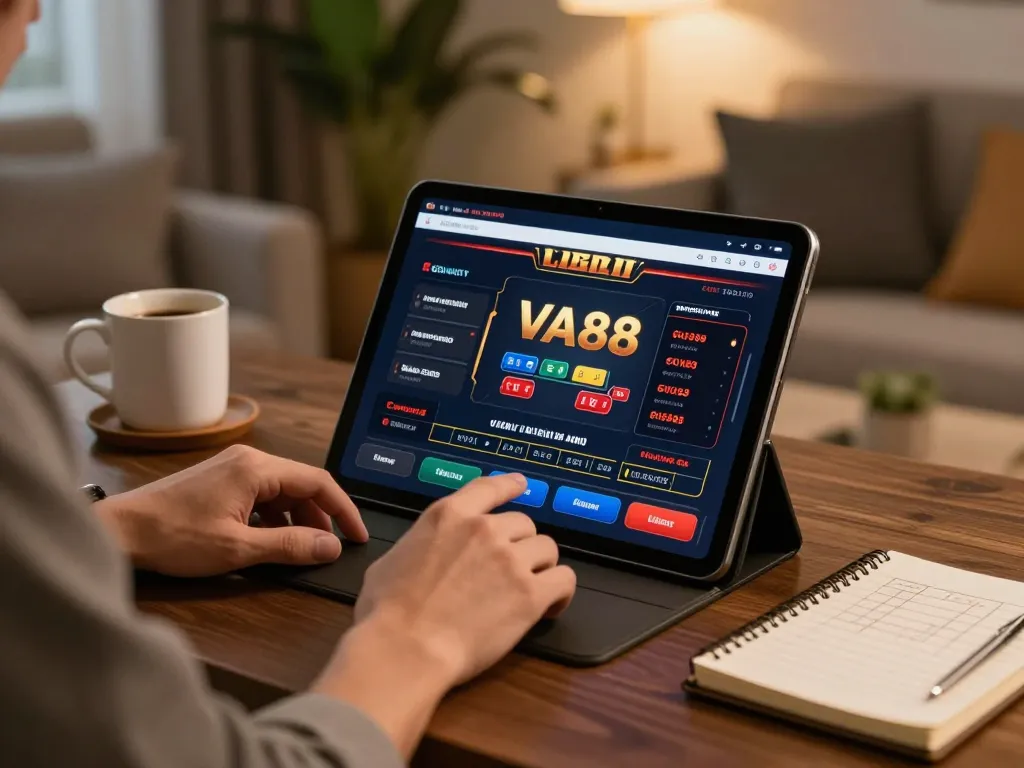 Player placing bets on VA88 online casino tablet interface in a cozy home setup.