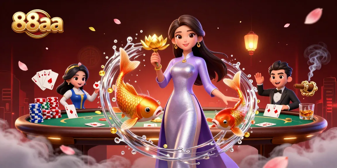 Engage with 88aa and win big at an Asian-themed poker table, stunning visuals and gold highlights.