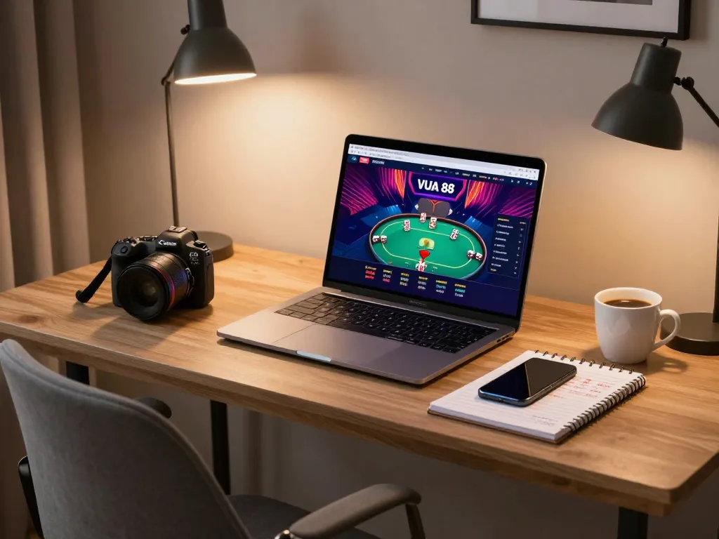 Person enjoying VUA 88 online casino games at home with stylish setup and betting strategy notes