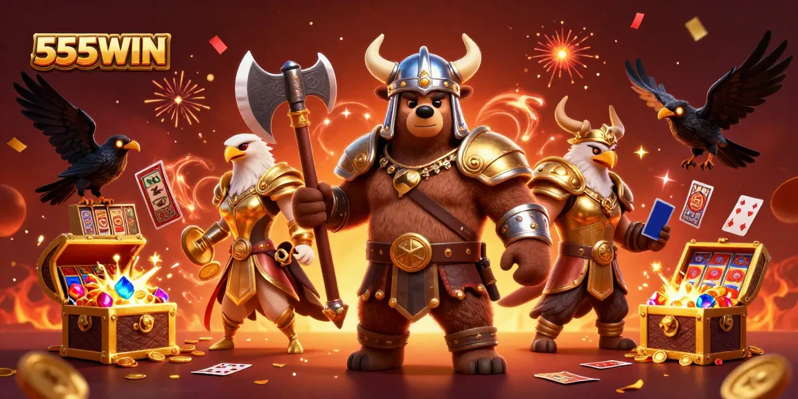 Engage with the exhilarating world of 555WIN, showcasing a Viking bear and Valkyrie eagle amidst dynamic casino elements.