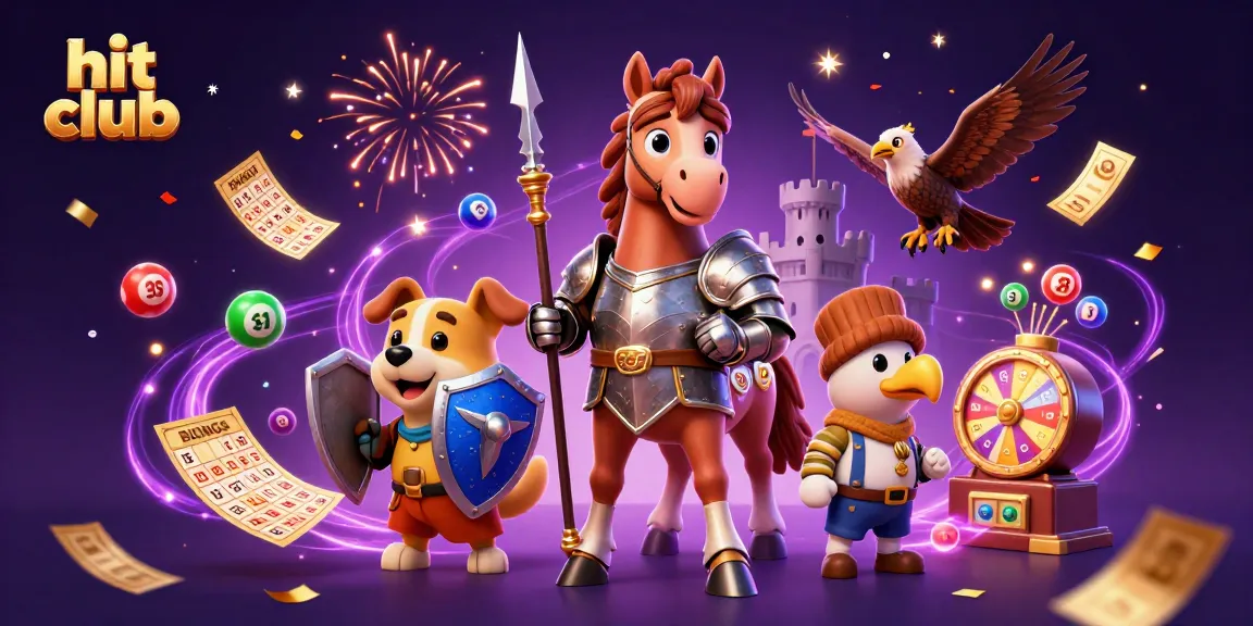 Experience the thrill of winning at hit club while dynamic lottery elements surround medieval characters.