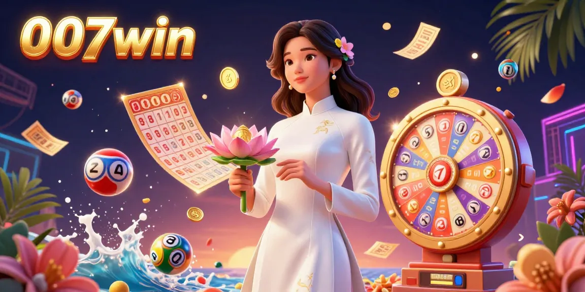Engage in thrilling gameplay at 007win with an elegant Asian woman promoting vibrant lottery excitement.