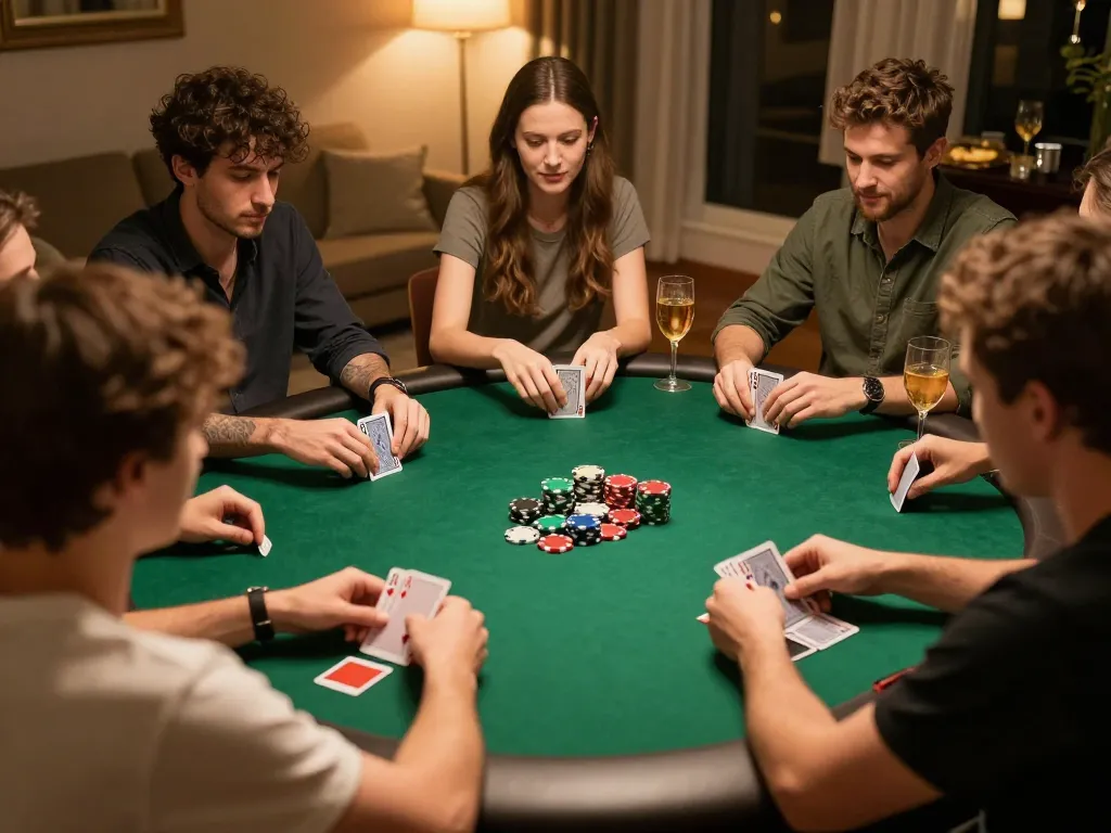 Friends enjoying an exciting poker night at home while using the alo8 app for bets.