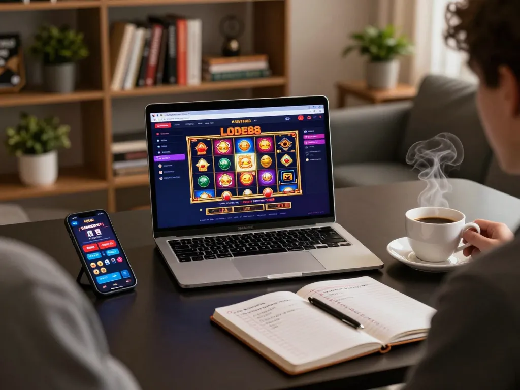 Engaging online gaming session showcasing LODE88 slot interface with strategic betting notes.