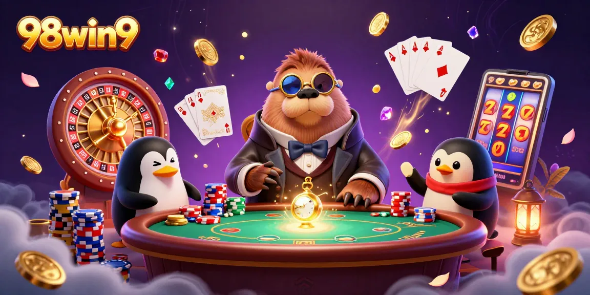 Experience thrilling underwater poker with 98win9 featuring a walrus, penguin dealer, and pufferfish player.