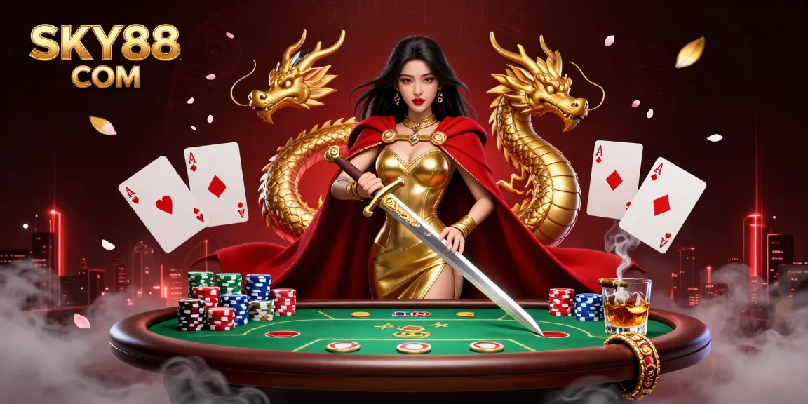 Experience exciting gameplay at SKY88 COM with a stunning illustration of a warrior queen surrounded by vibrant poker elements.