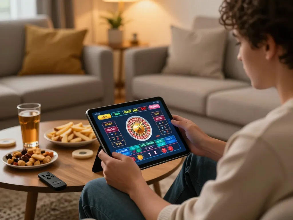 Engaged user playing live roulette on tablet, showcasing TA88 online gambling excitement.