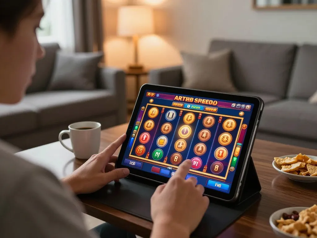 Engaged player enjoying slots game on cm88casino tablet in cozy living room setting