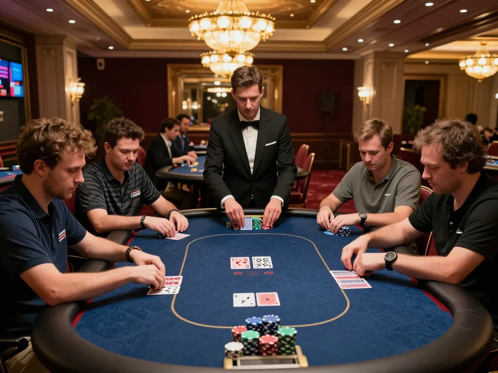 90P poker game in a luxurious casino setting with players strategizing bets