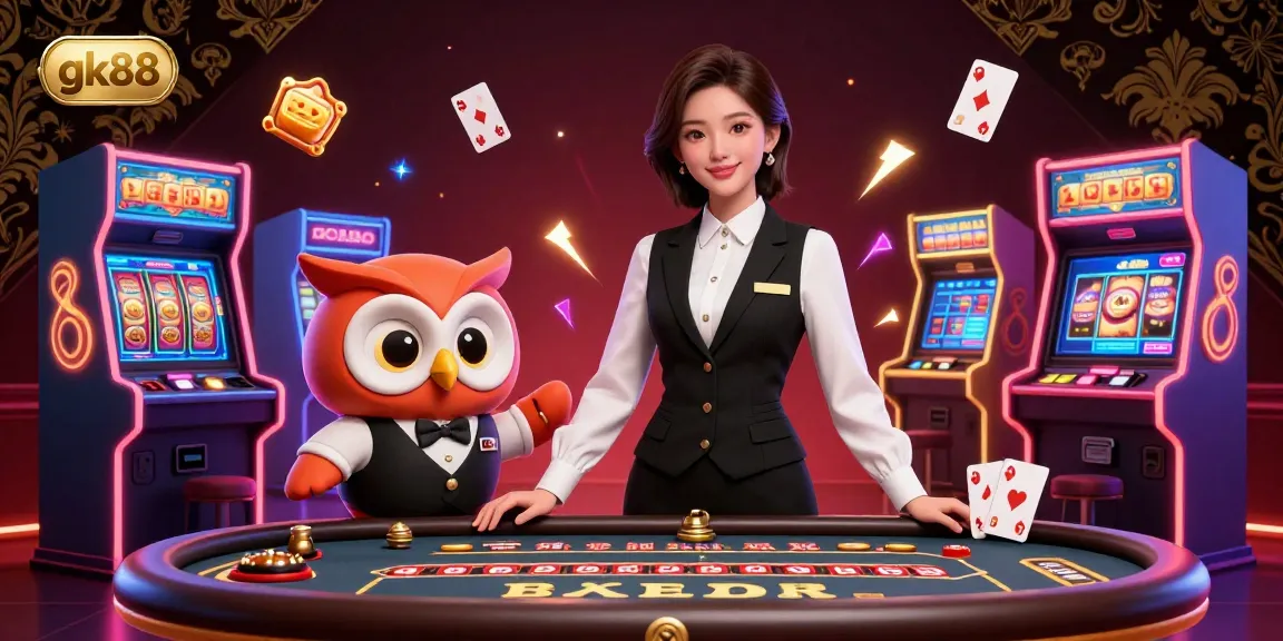 Experience exhilarating gambling action with gk88's immersive casino scene featuring dealers and vibrant game elements.