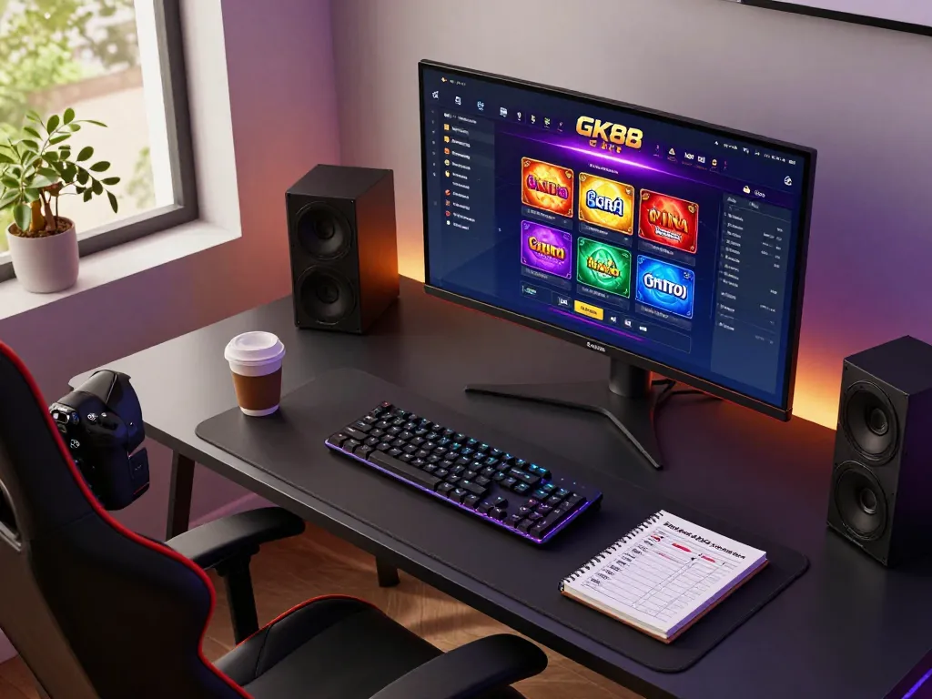 Person engaging with the GK88 online casino platform, demonstrating interactive gameplay and strategy planning in a cozy gaming environment
