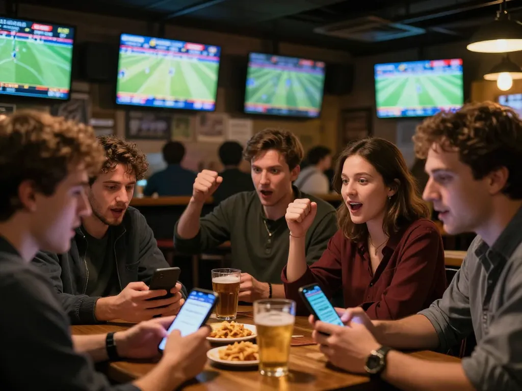 Engaging sports betting scene capturing real-time updates on Kết quả bóng đá with excited fans actively placing bets.