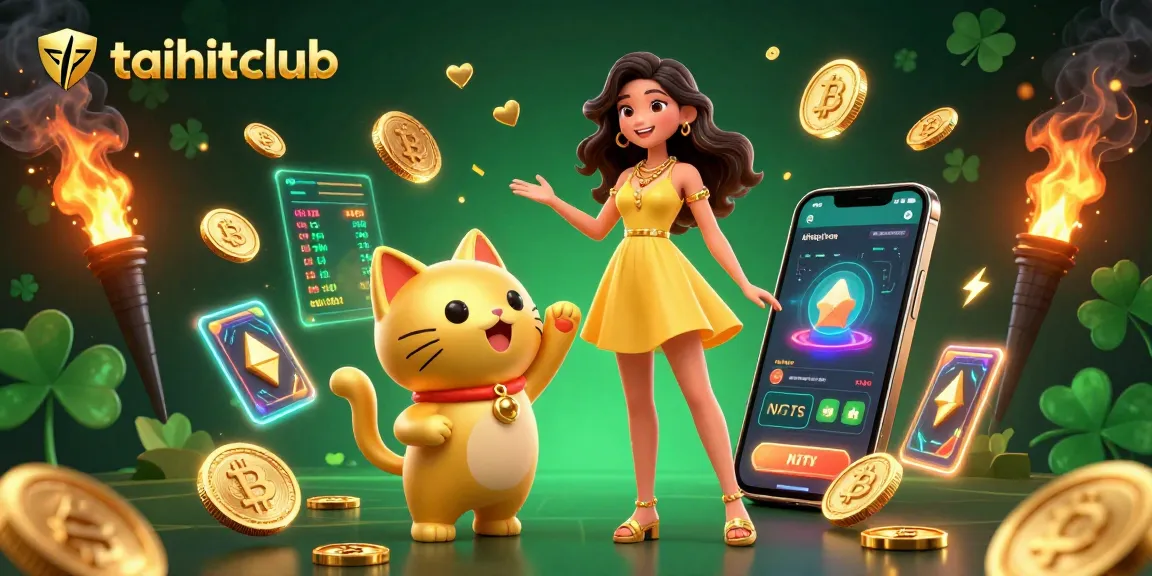 Playing exciting games at taihitclub with vibrant golden cat mascot, crypto coins, and cheerful ambiance