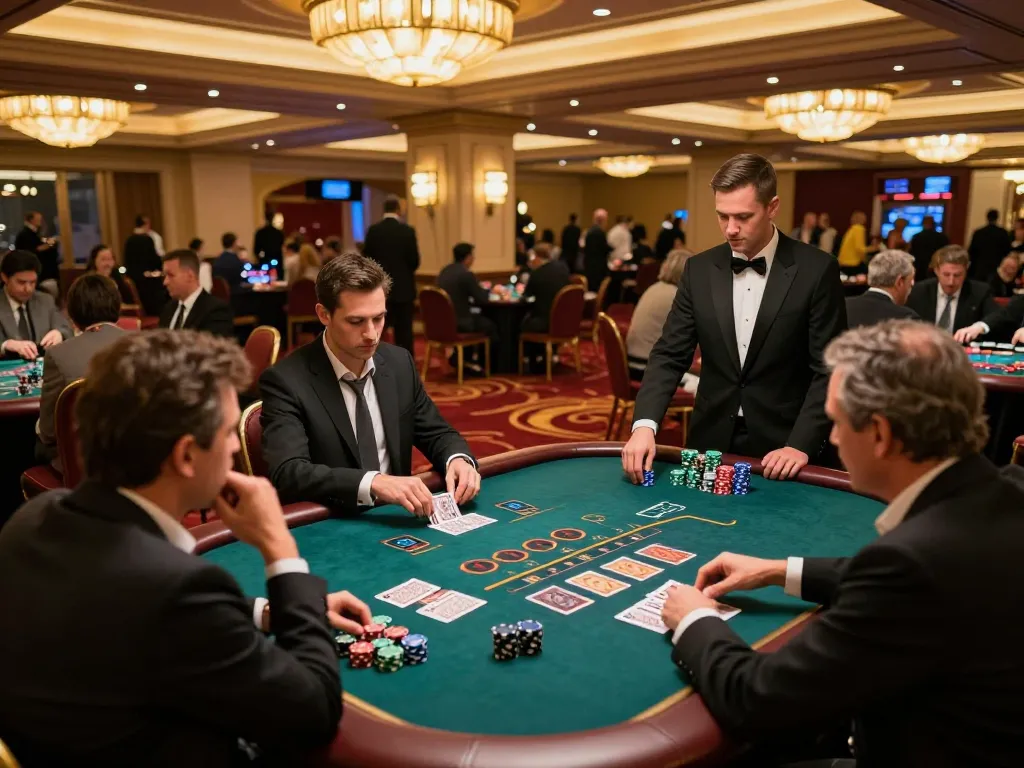 BOM88 players strategizing at an upscale blackjack table in a vibrant casino atmosphere