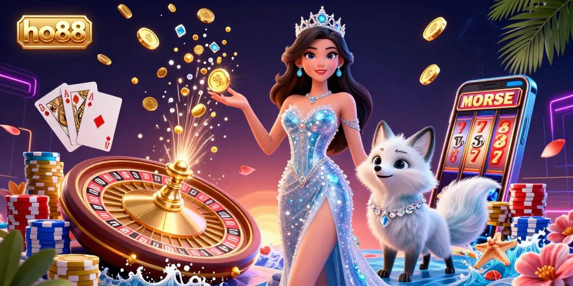 Cheerfully gaming with ho88, a stunning woman in a glamorous gown and arctic fox companion amidst flying coins and vibrant casino elements.