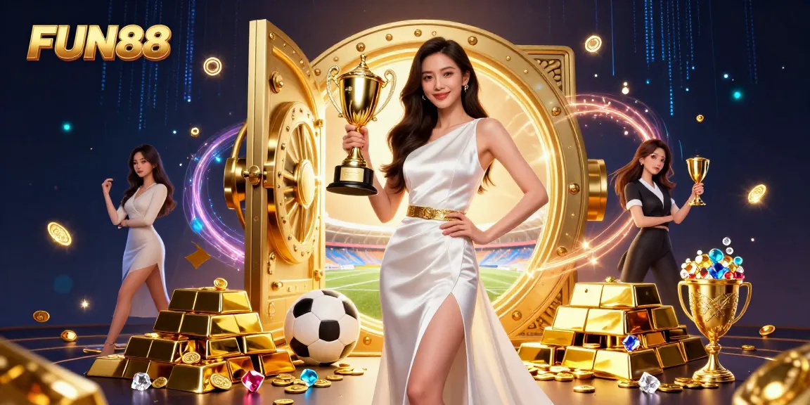 WIN at FUN88 with vibrant 3D casino illustration showing a victorious woman and sports elements.