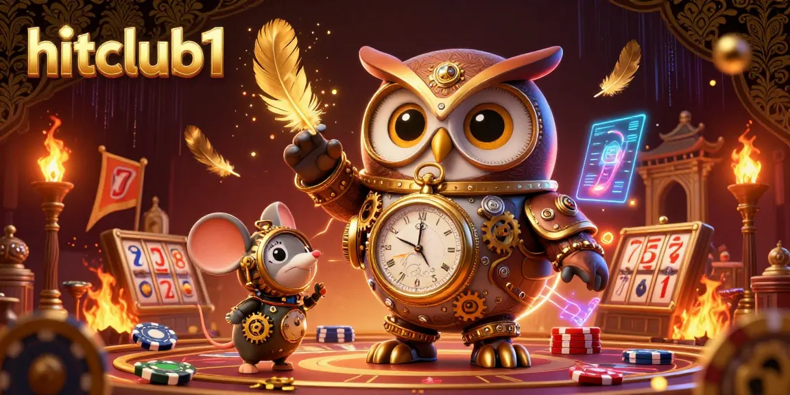 Engage with hitclub1 in a vibrant casino world featuring a steampunk owl, slot machines, and rich game elements.