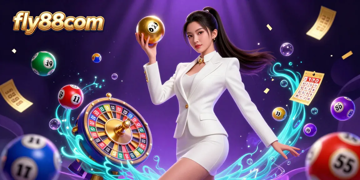 Spin and win with fly88com in a vibrant casino scene featuring dynamic lottery balls and golden elements.