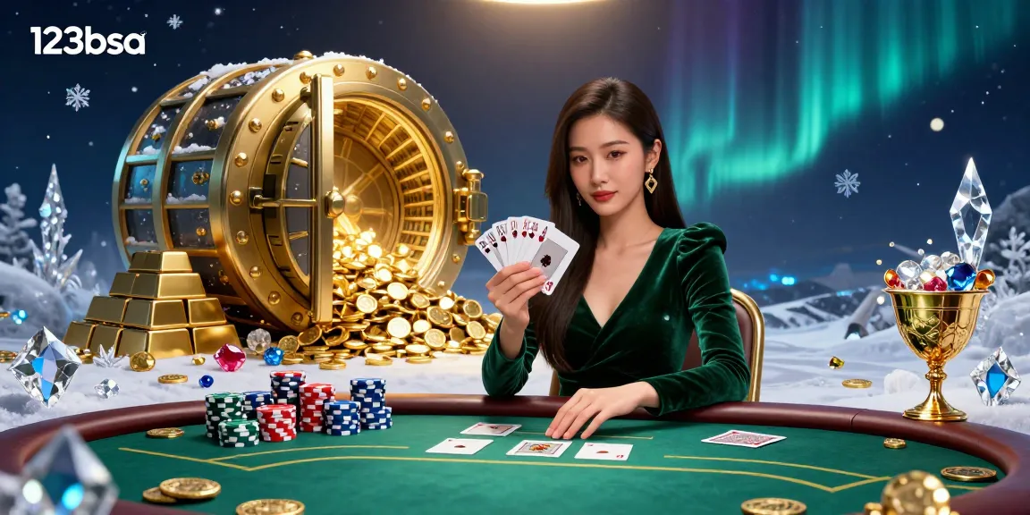 Experience excitement at 123bsa's poker table, showcasing a beautiful dealer with a winning hand among treasure!