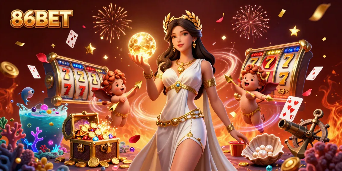Win big with 86BET in a vibrant casino scene featuring dynamic slot reels and charming characters.