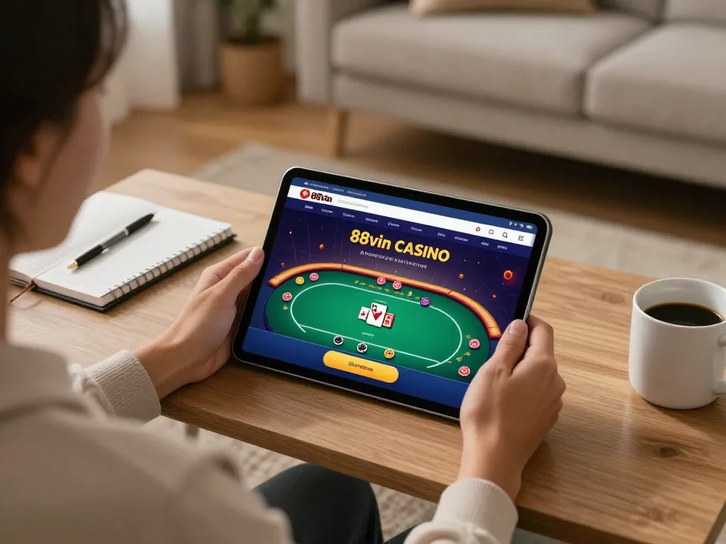Engaging gameplay on link 88vin casino app with a person using a tablet in a cozy home environment