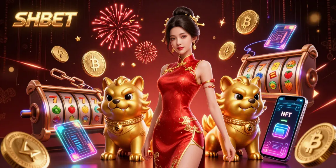 SHBET slots come alive with an enchanting woman and playful foo dogs amidst vibrant crypto elements.