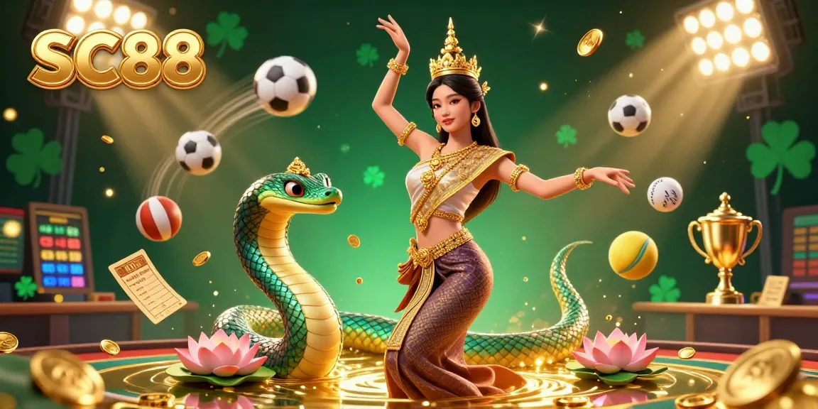 Experience thrilling sports betting action with SC88 as a graceful Asian dancer and Naga serpent shine in a vibrant 3D casino scene.