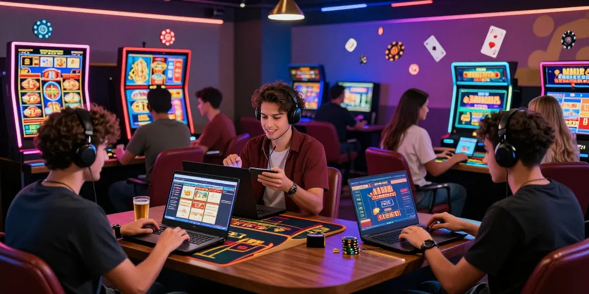 Ambiente emozionante di casinò online non AAMS con diversi giocatori che si divertono con i giochi su laptop e smartphone in una vibrante sala da gioco digitale.