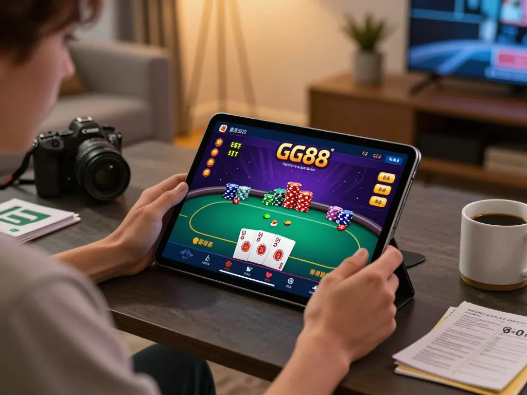 Player enjoying a game on the GG88 app at home, showcasing fun online gambling moments.
