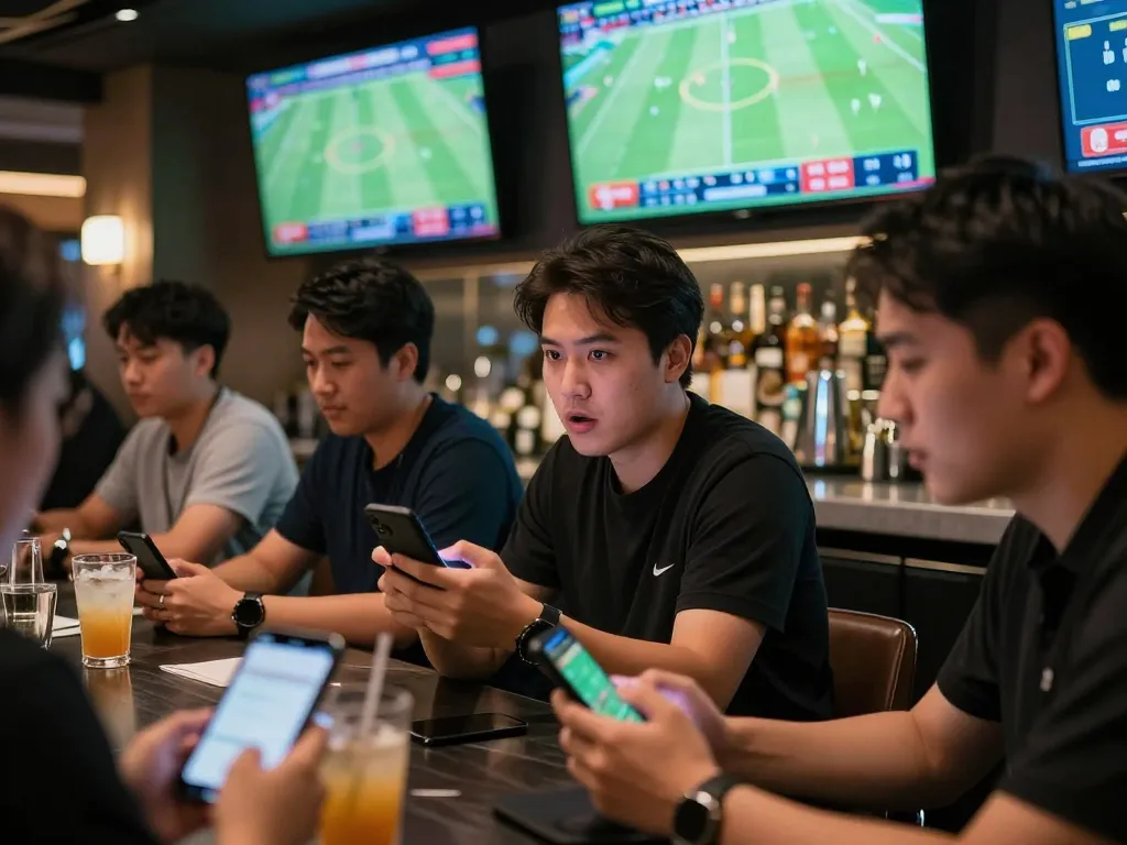 Engaged bettors analyzing kèo nhà cái during live football match in a modern lounge.