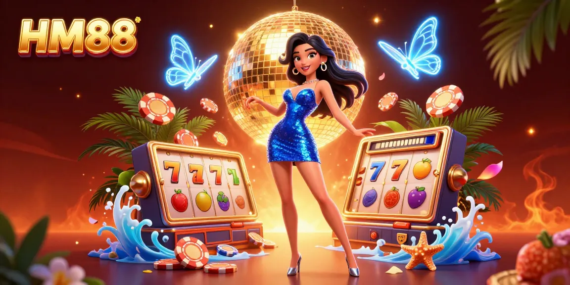 Engage in thrilling casino action at HM88, featuring a glamorous scene with vibrant slot elements.