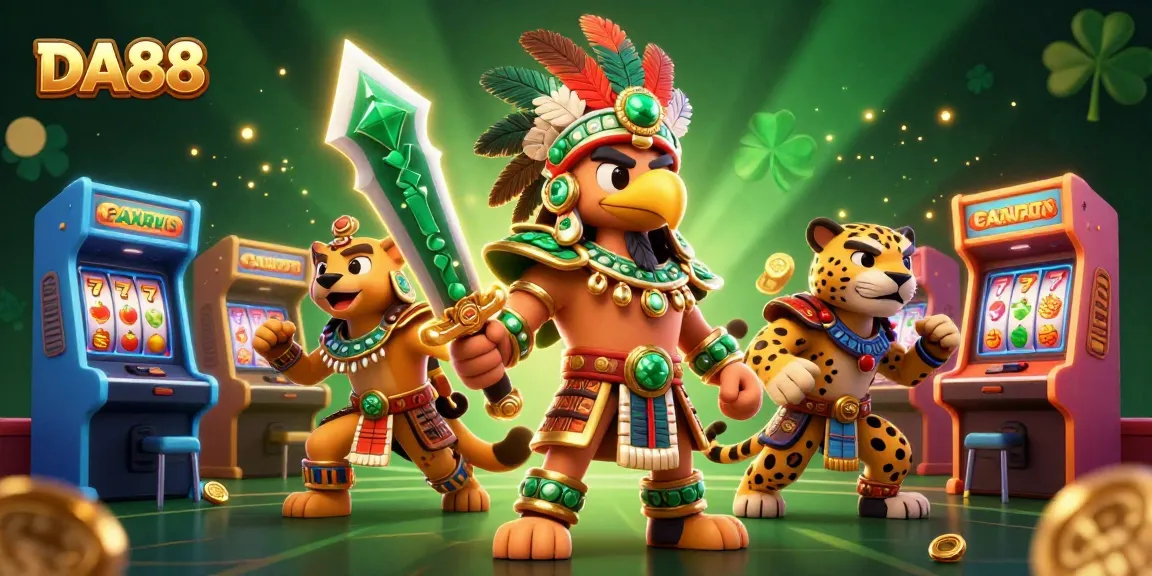 Spin and win with DA88, showcasing a vibrant casino scene with Aztec warriors and slot machines.