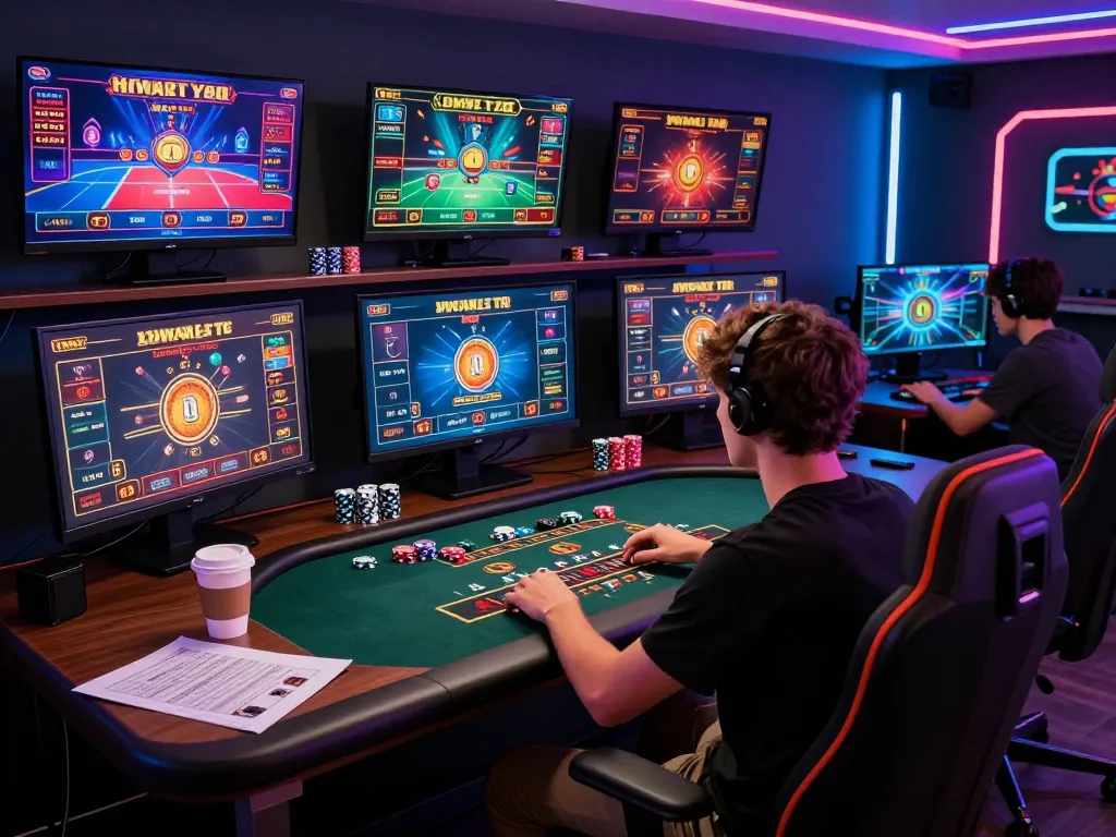Engaging scene of online gaming strategy at CO88 with vibrant casino game displays and player concentration.