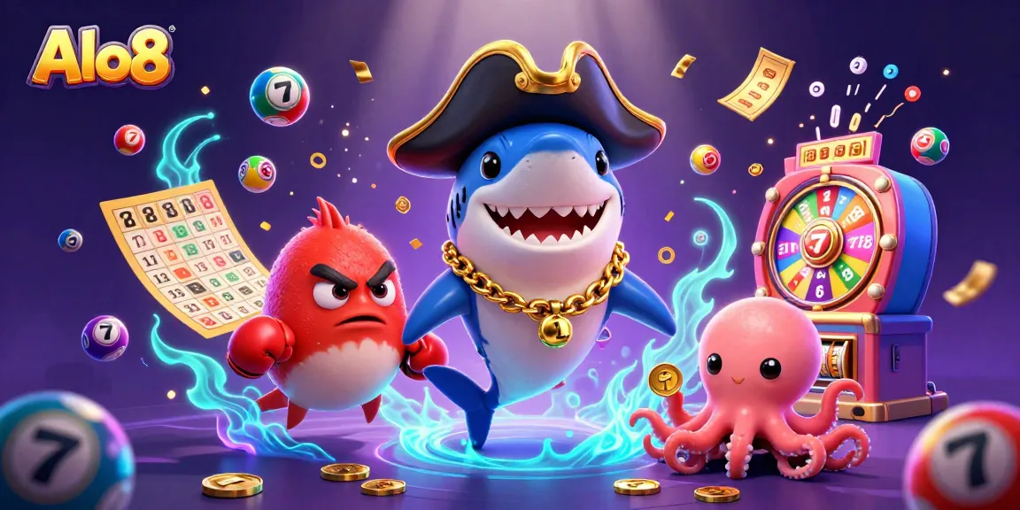 Join Alo8's pirate shark and friends enjoying the raffle atmosphere with colorful lottery elements and a vibrant casino backdrop.