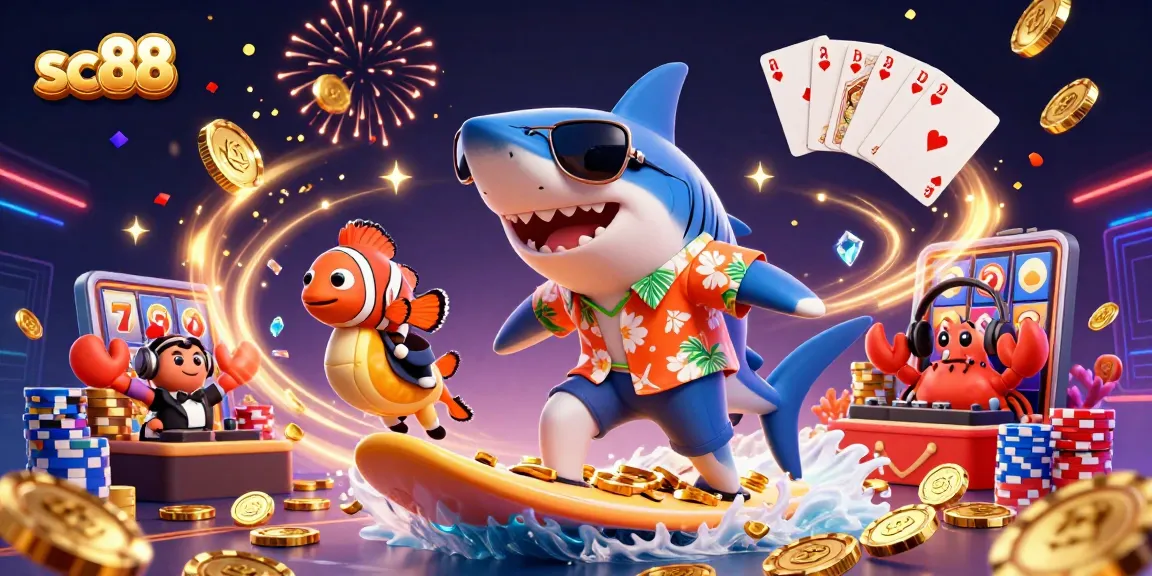 Experience the excitement with sc88 slot games featuring a cartoon shark and vibrant casino elements.