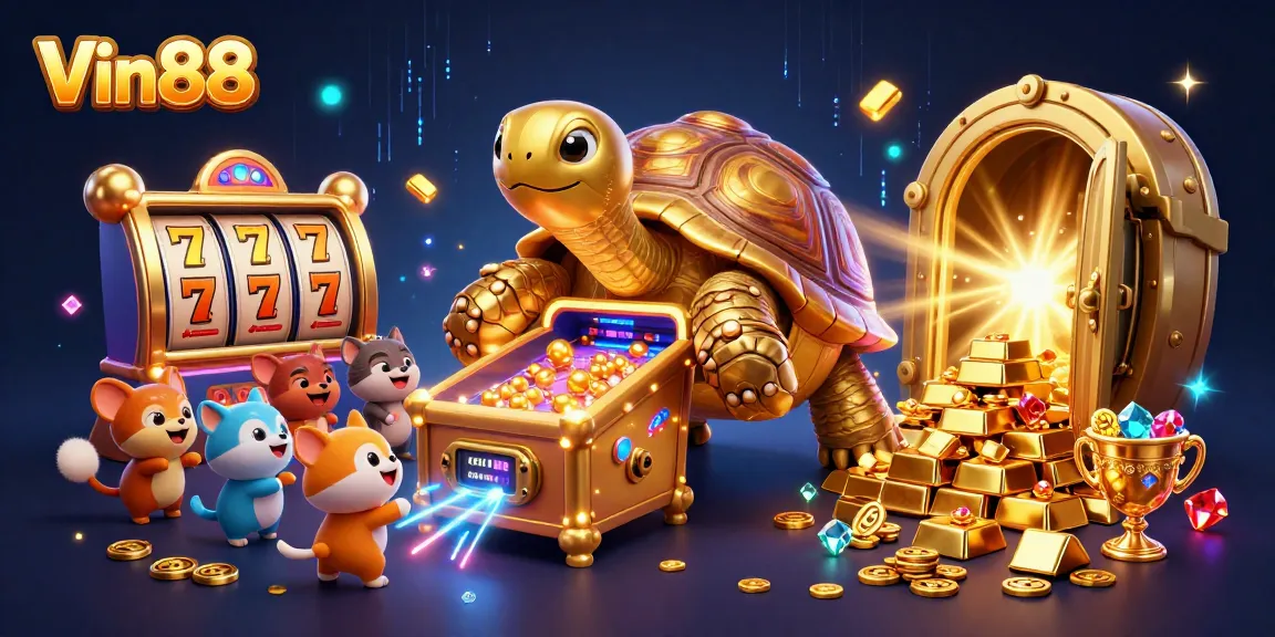 Engage in thrilling slot adventures at Vin88 with giant golden treasures and exciting gameplay in an energetic casino environment.