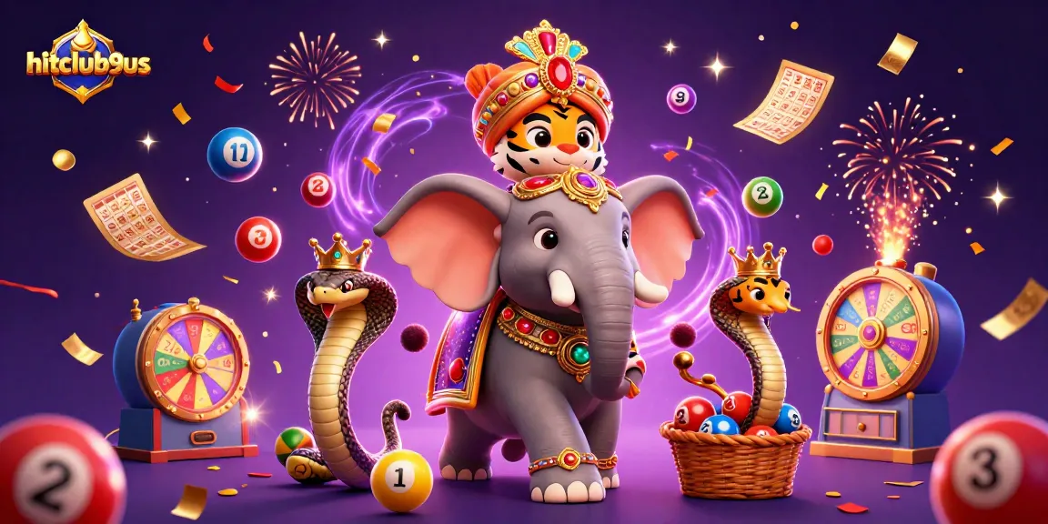 hitclub9us excitement unfolds in this vibrant casino scene with lottery balls and a jewel elephant.