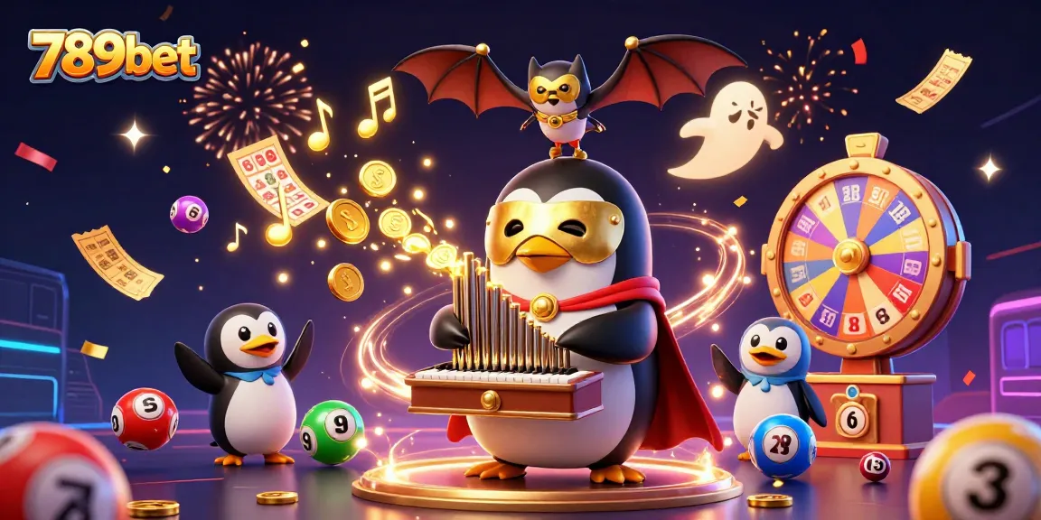 Catch exciting 789bet moments with a vibrant 3D casino scene featuring a whimsical penguin playing a golden pipe organ.
