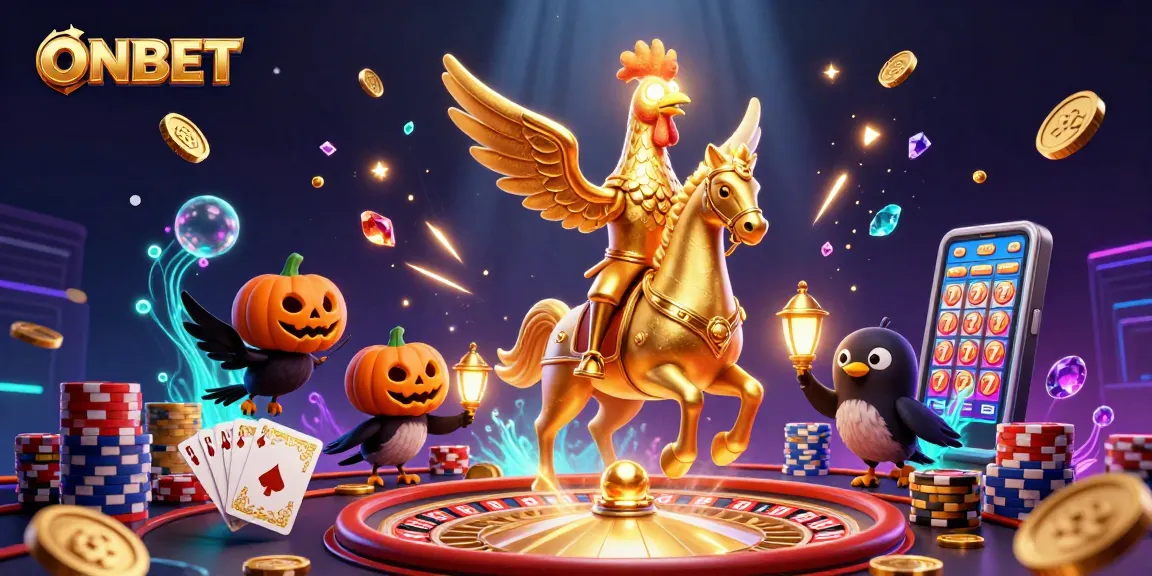 Experience secure gaming with ONBET, featuring a golden rooster and magical casino elements.