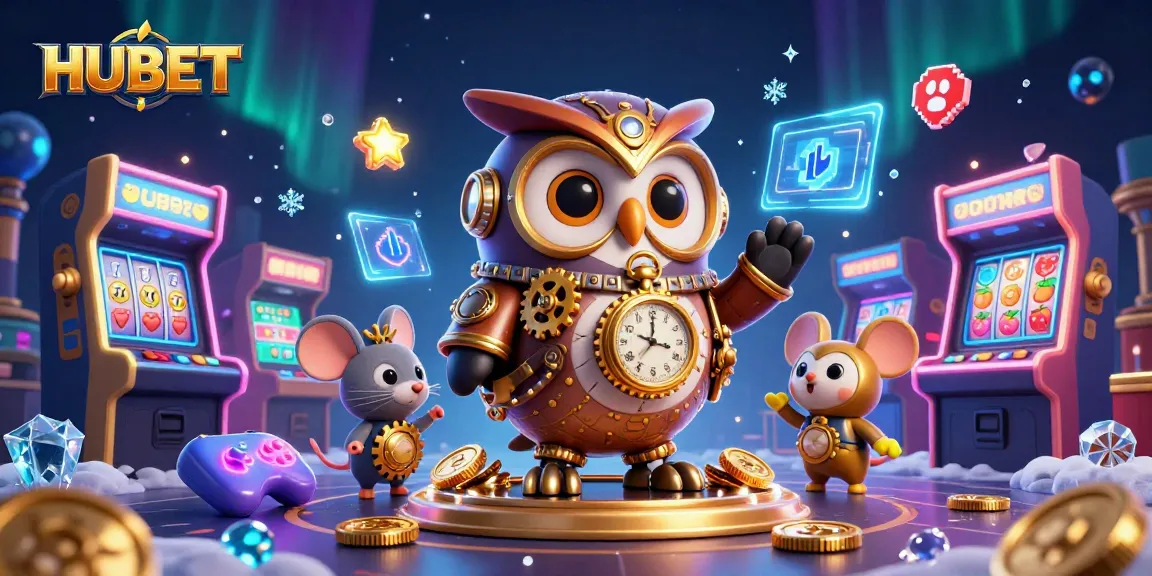 HUBET offers a rich gaming experience with a cartoon owl and steampunk elements in a vibrant casino atmosphere.