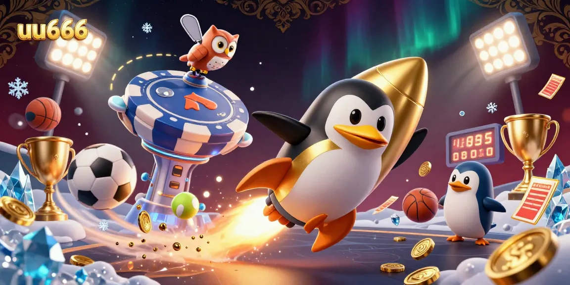 Experience thrilling gaming with uu666 in an immersive 3D environment featuring golden penguins and casino elements.