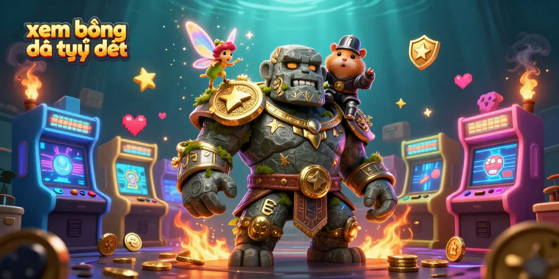 Experience xem bóng đá trực tiếp with an enchanting golem, fairy companion, and hamster knight in a vibrant casino setting.