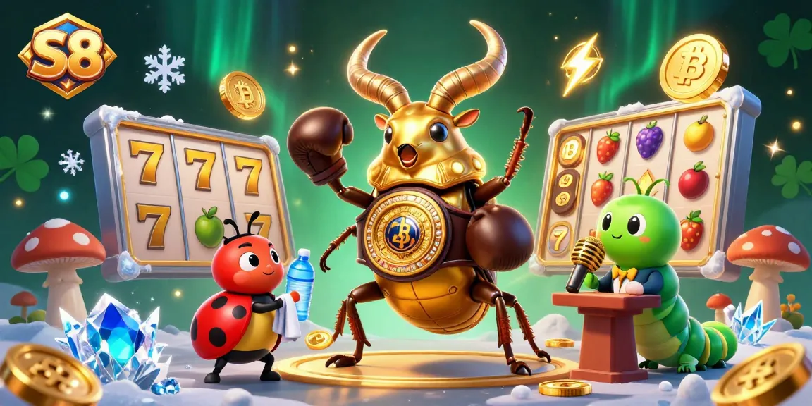 S8 showcases a boxing beetle in a casino with slot reels and crypto coins, featuring vibrant gambling elements.
