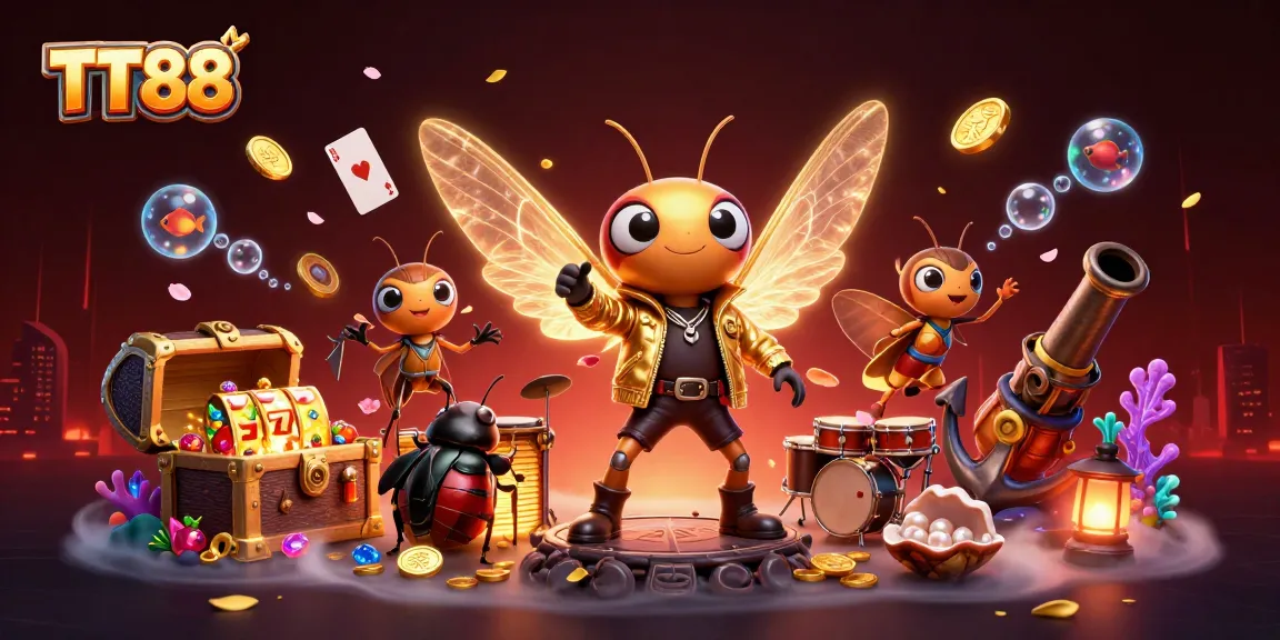 Engage with TT88's vibrant gaming world filled with slot reels, gold coins, and dynamic characters.